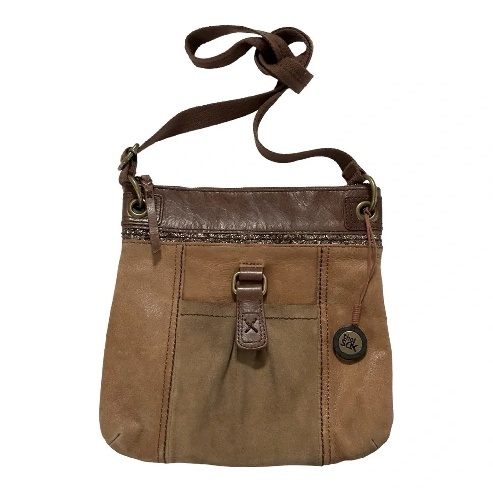 The Sak 2 Toned Brown Distressed Leather Kendra Crossbody Purse Bag Hippie Boho